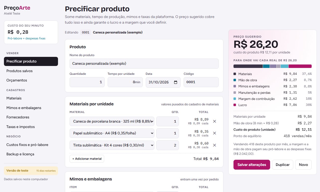 Tela Precificar produto: materiais da caneca à esquerda e, à direita, o preço sugerido de R$ 26,20 com a divisão de cada real.